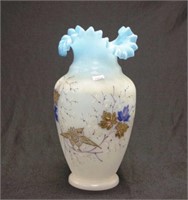 Large Victorian blue glass hand painted vase