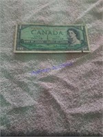 Canadian 1 dollar bill.  1954.