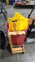 MOP BUCKET, TRASH CAN, STOOLS AND FISHING POLE