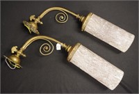 Pair early decorated brass gas light wall sconces