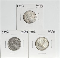 1938 1939 1940 25c Canada Silver