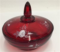 Fenton Red Glass Hand Painted Covered Jar