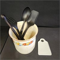 Serving utensils, spoon rest, and ceramic holder