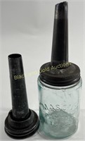 Vintage Mason Jar With 2 Fuel Nozzles / Funnels