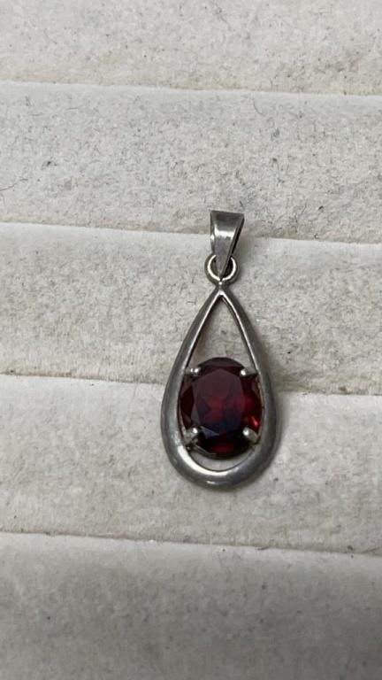 Sterling Silver Red Stone Tear Drop Pendant 925