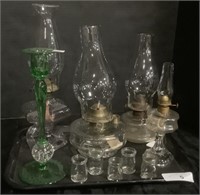 Vintage Oil Lamps, Cream Bottles & Green Glass.