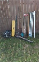 Yard tools, saw horse, flag pole, reflectors, etc