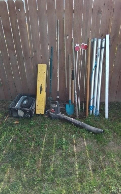 Yard tools, saw horse, flag pole, reflectors, etc