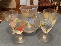 Glass pitcher (8 1/4") with flowers and 4 matching