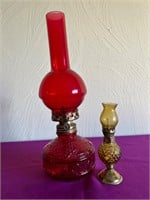 2 Small Colored Glass Oil Lamps Made in Hong Kong