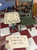 Antique wooden folding chair & side table