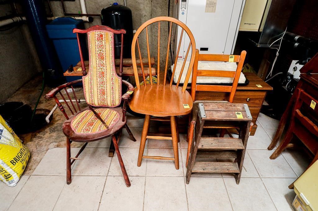 Antique Spindle Upholstered Chair, Oak Spindle