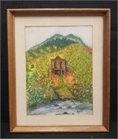 Signed painting of a mountain, house, and river