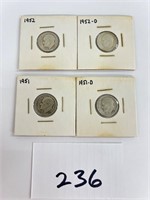 4 Roosevelt silver dimes 1951 1951D 1952 1952D