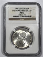 SWEDEN: 1938 Silver 2 Kroner Delaware Ann NGC MS63