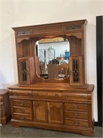 Oak Dresser Lighted W/ Mirror Leaded Glass Doors