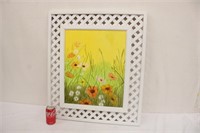 Vintage 1970s Lattice Framed Flowers Painting