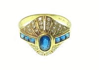 14k Yellow Gold Blue Topaz & Diamond Art Deco Ring