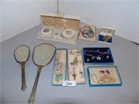 Dressing Set, Comb, brush, mirror & vintage Jewely
