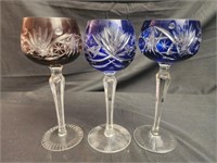 3 blue and purple crystal glasses