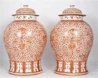 Pair of Late Qing Dynasty Iron Red Large Jars.