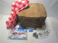 Picnic Basket Filled With Tablecloth & Plasticware