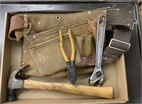 Assortment of tools including hammer tool belt