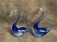 Two Blue Art Glass Swans 8" tall