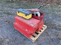 (4) RED TOOLBOXES, MISC RATCHET CLAMPS AND TOOLS