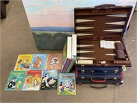 Backgammon, chess, child’s books.