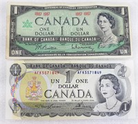 2x Billet de UN DOLLAR canadien 1967 et 1973