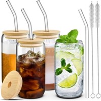 4 Set Glass Cups with Lids and Straws 16 oz