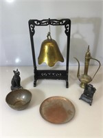 Large brass bell, bras ewer, copper plate & more