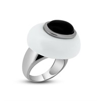 Sterling Silver White Enamel Onyx Dome Ring