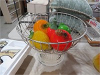 METAL WIRE BASKET W/ GLASS FRUIT  6 PIECES