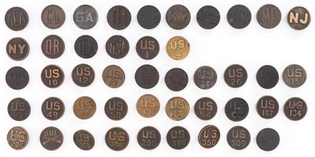 U.S. WWI Lot of 41 Collar Disks – State & Numbered