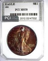 1991 Silver Eagle PCI MS-70 Great Toning