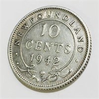 1942 Silver Newfoundland 10 Cent Coin