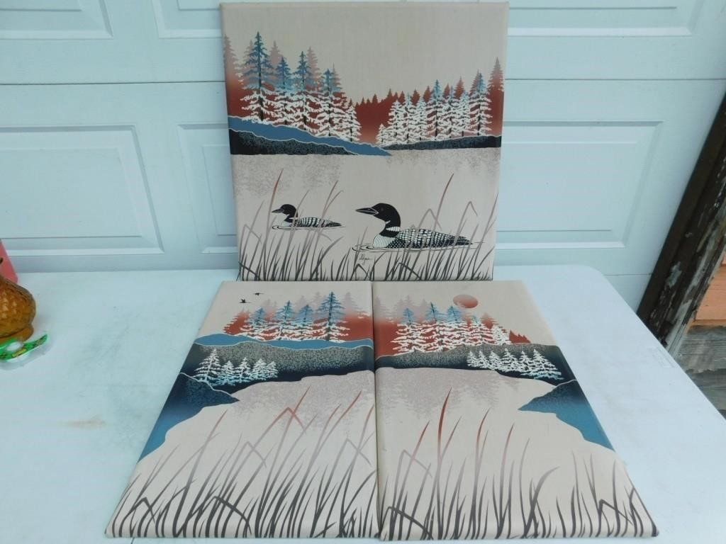 Set of 3 print on canvas lake + loons