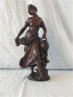 Bronze Color Sculpture Woman w/ Flowers & Jug
