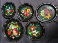 5 Russian hand-painted metal plates