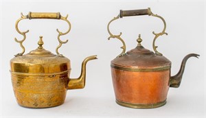 Antique Brass and Copper Hot Water Kettles, 19th C