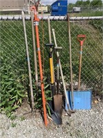 Tree trimmer, spade shovels, hoes, leaf rake,