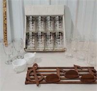 Box of silver overlay glasses, musical shelf,