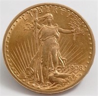 US St Gaudens $20 Gold, 1908-D, AU50 w/hairlines