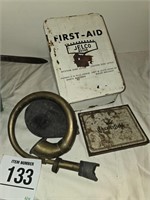 Vintage car horn, cigarette box, first aid kit &..