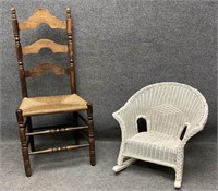 Ladder-Back Chair and Child's Wicker Rocker