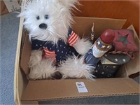 Box of various red white and blue items