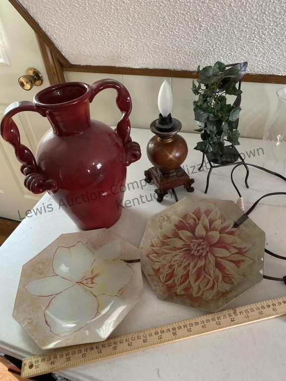 Box of home decor, decorative plates, small lamp,