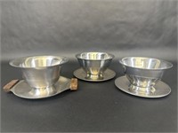 3 Stainless Steel Gravy Boats w/Attached Saucers